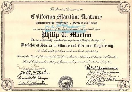 Phil Marton's CMA diploma. He graduated on January 10, 1942 at age 20 and just one month after the attack on Pearl Harbor.